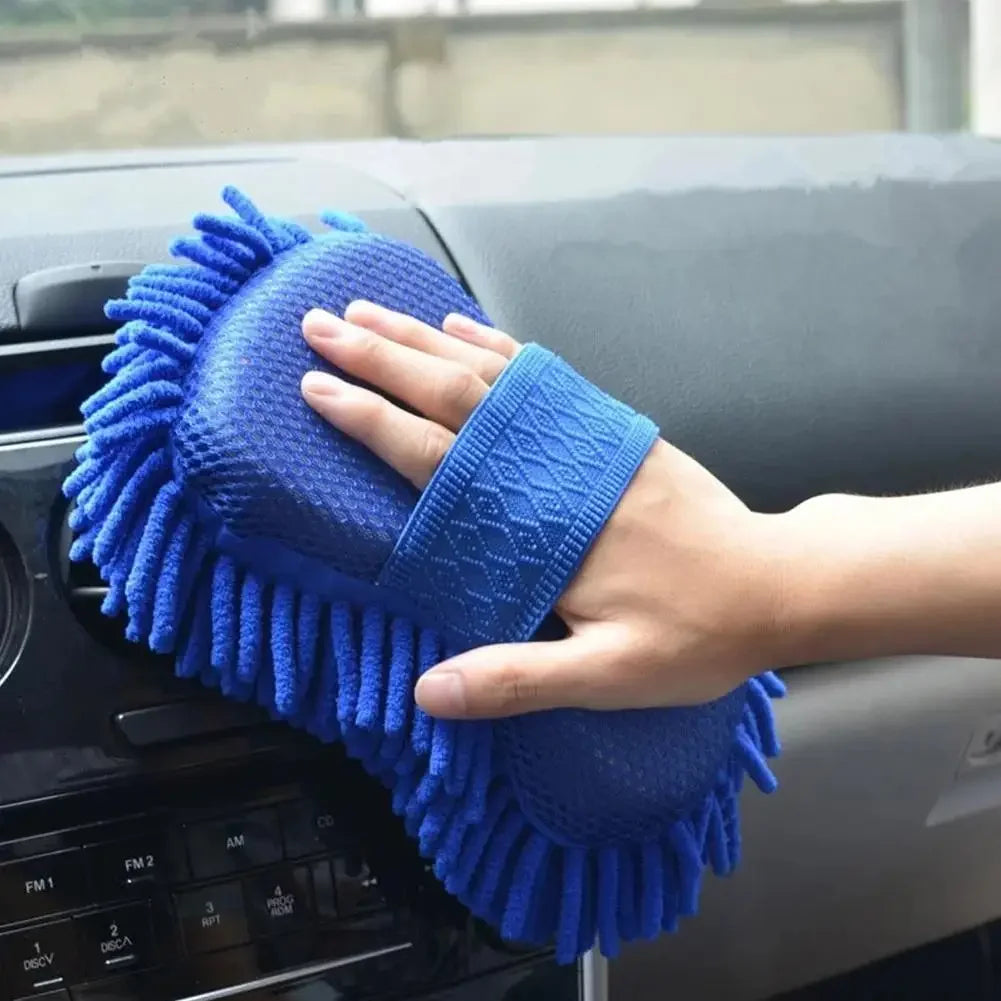 1pc Blue Microfiber Chenille Car Wash Sponge | Care Washing Brush Pad, Auto Washing Towel Gloves Styling Accessories Qme