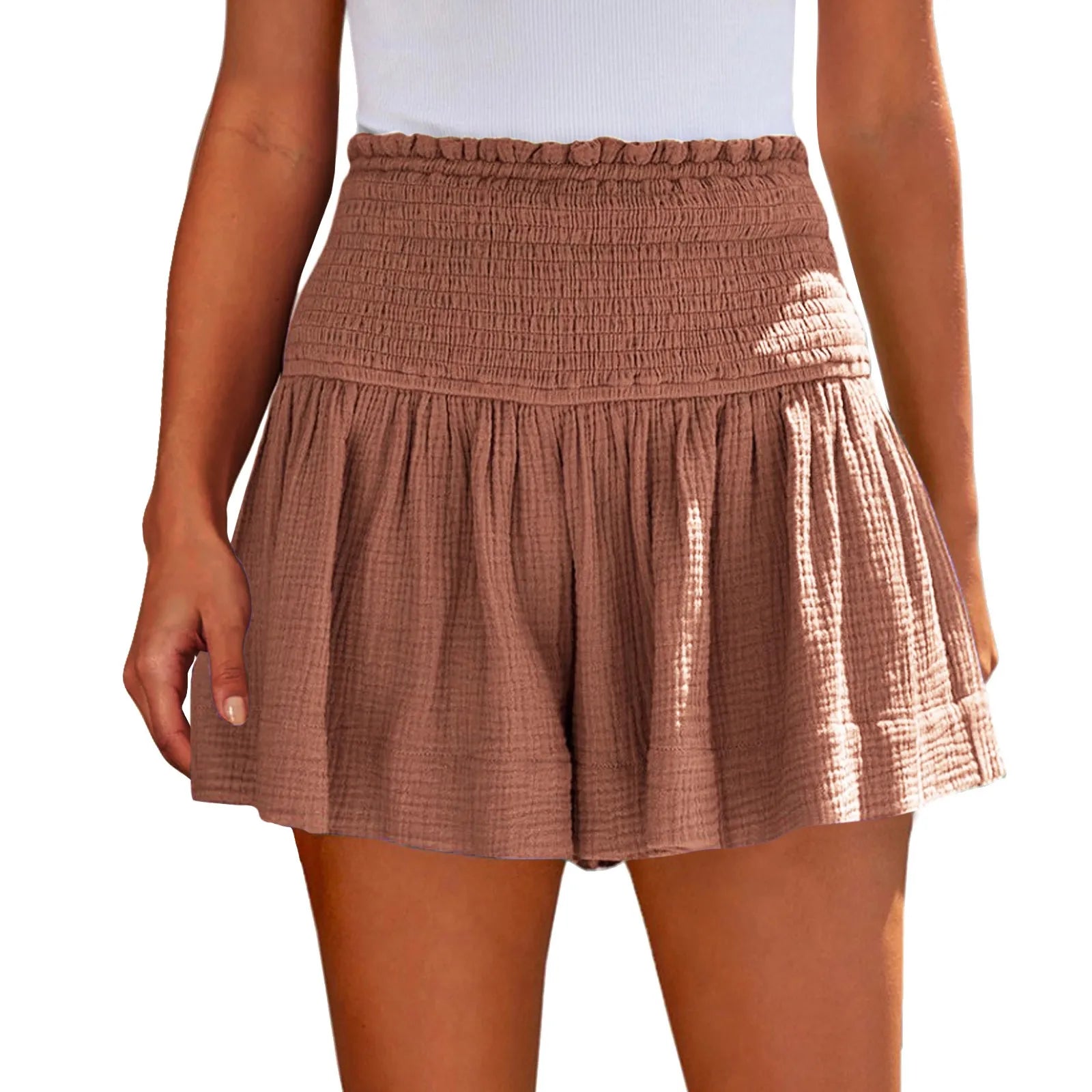 Ladies’ Large Sized High Waist Casual Soft Solid Color Breathable Fashion Wide Leg Shorts Summer Elastic Waist Pleated Trousers Qme Watermelon Red L