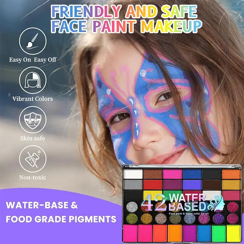 42 Colors Water Based Face Body Paint 10 Brushes Safe Non-toxic Qme