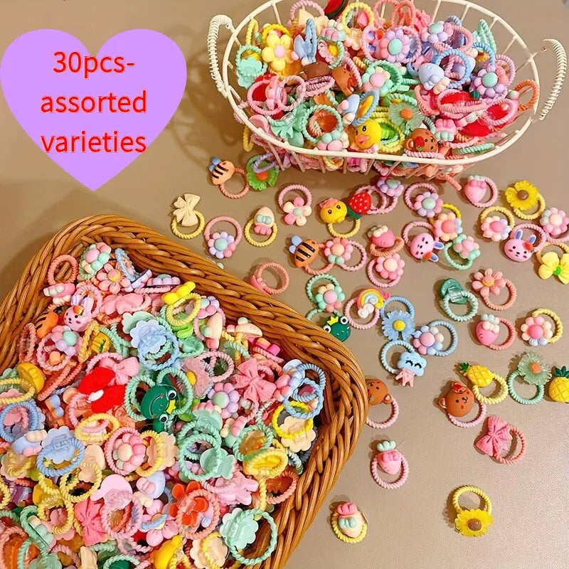 50pcs girls high elastic hair band does not hurt hair, cartoon animal flowers and fruit decorative hair band, decorative hair se Qme Mixed color 30pcs