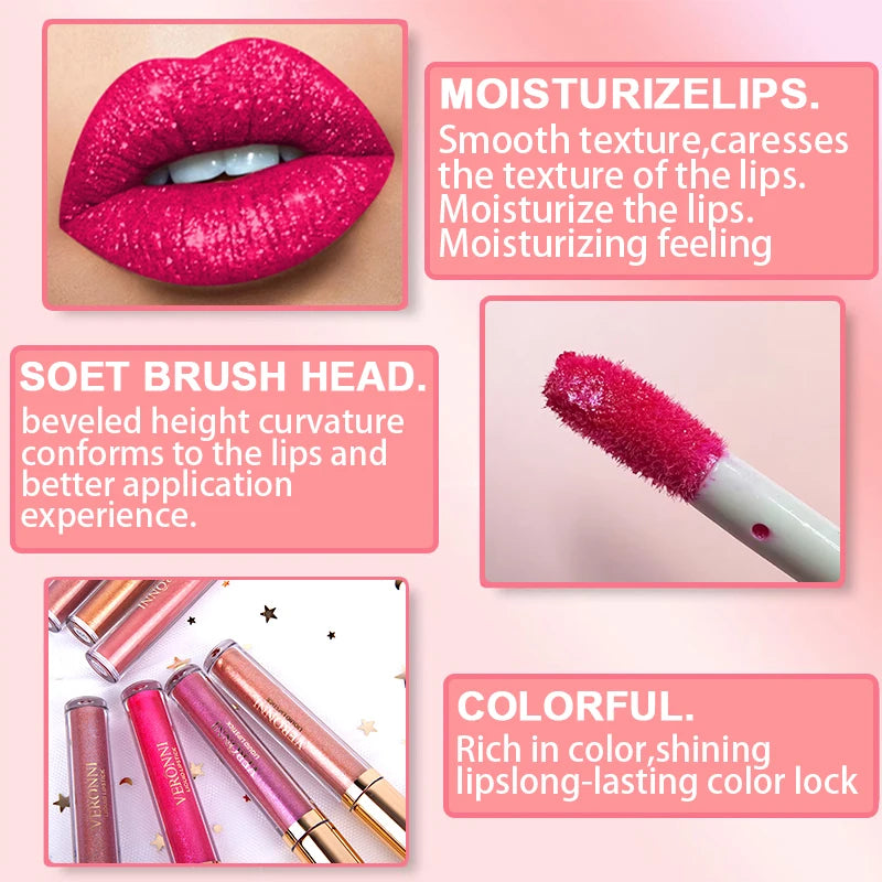VERONNI Diamond Pearlescent Lip Gloss 10 Colors Non-stick Mermaid Qme
