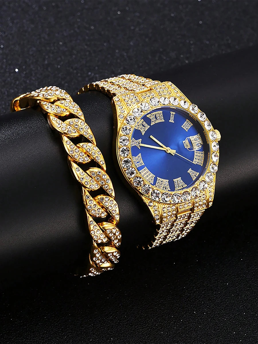 Hip Hop Watch Male Watch Luxury Water Proof Brand Watches Stainless Steel Round Clock Men Quartz Wristwatches Gift Boyfriend Qme golden blue set