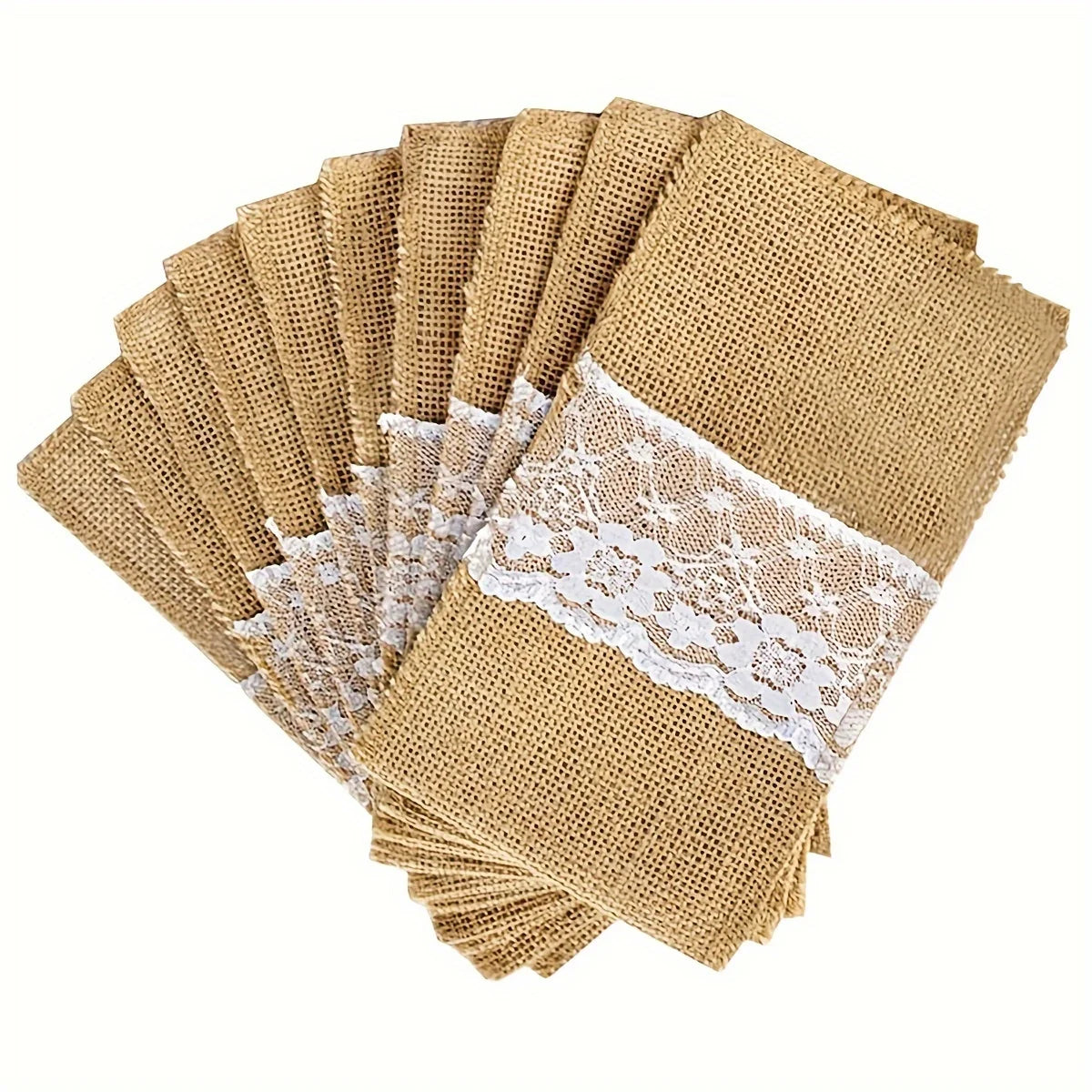 Natural burlap cutlery bag with lace silver napkin holder, wedding party bridal shower table decoration Qme