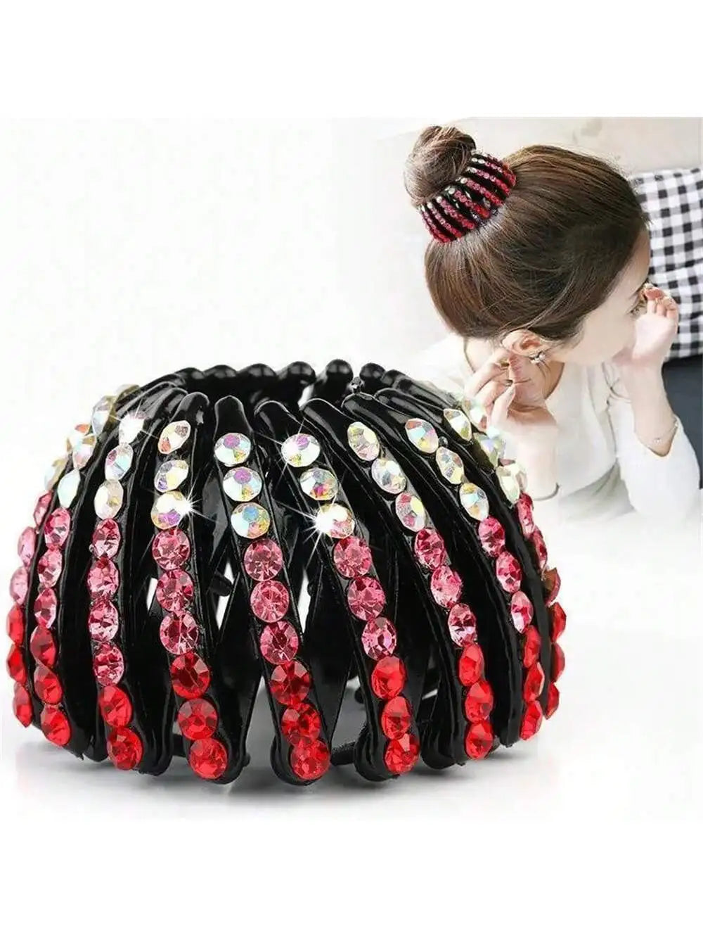 Tie Up Ponytail Bird's Nest Hair Loop Rhinestone Grabbing Clip Qme red