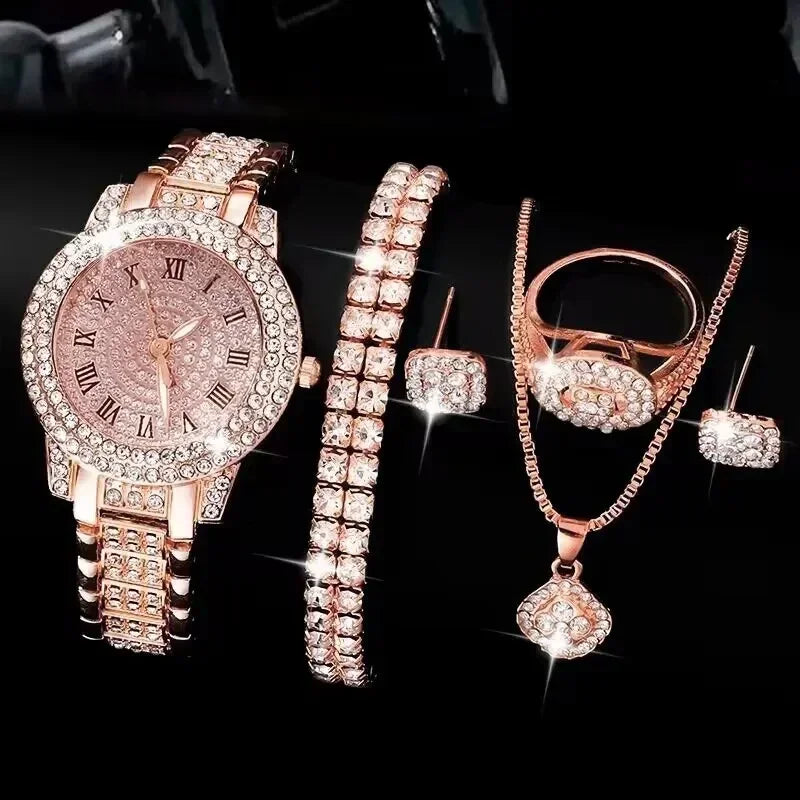 Golden Watch Women Ring Necklace Earrings Rhinestone Fashion Wristwatch Female Casual Ladies Watches Bracelet Set Clock Qme Bronze
