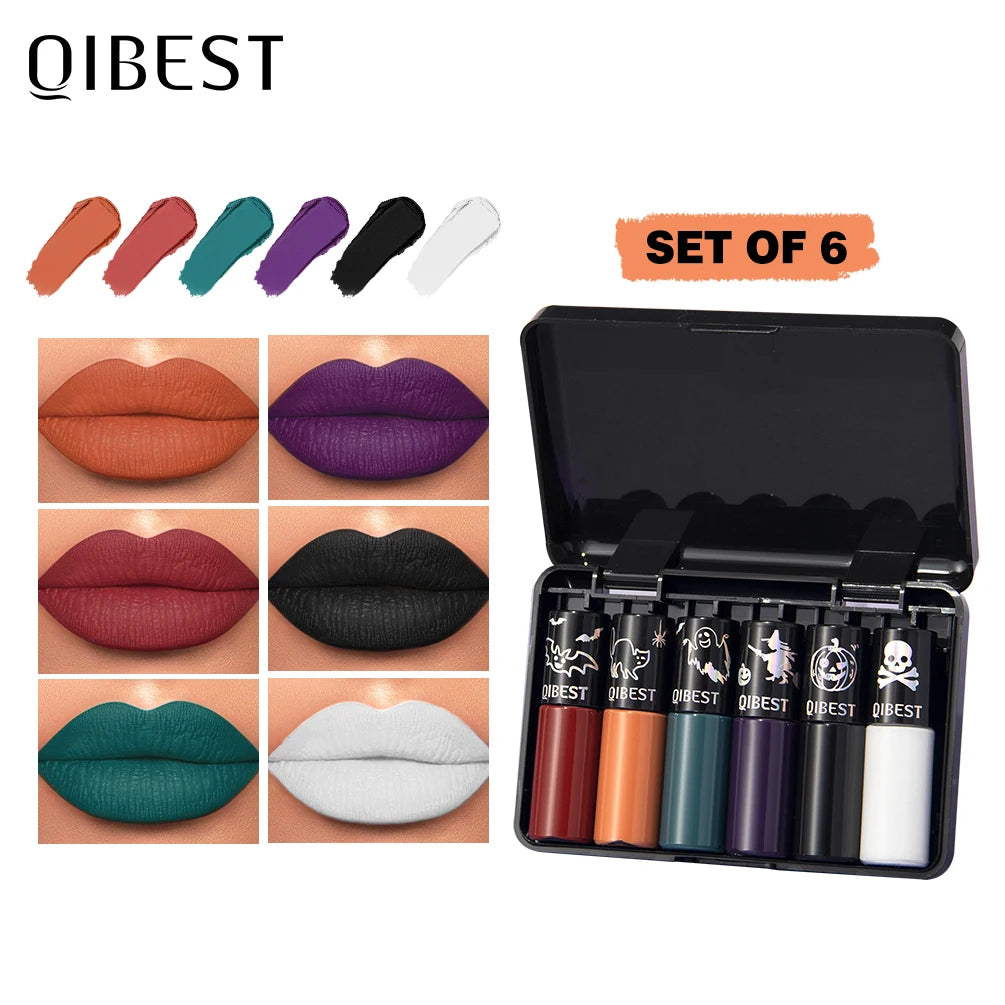 QIBEST Velvet Matte Lipstick Sets Waterproof Long-Lasting Sexy Red Non-Stick Cup Lipgloss Black Orange Lip Tint Makeup Kits Qme