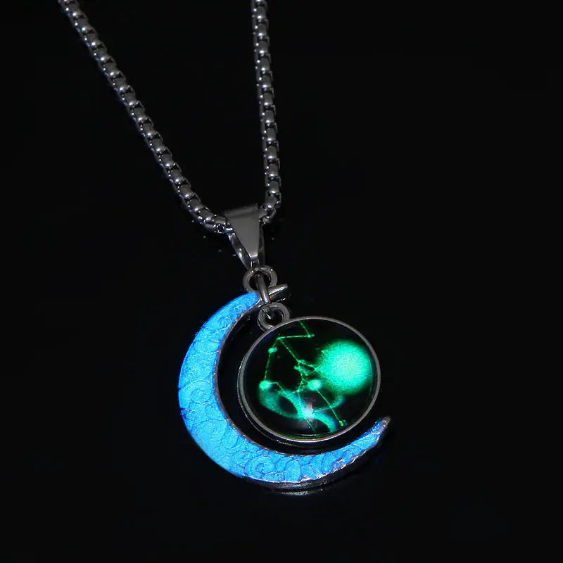 12 Constellation Luminous Necklace Zodiac Signs Jewelry Crescent Moon Pendant Glow In The Dark Necklace Birthday Gifts Unisex Qme