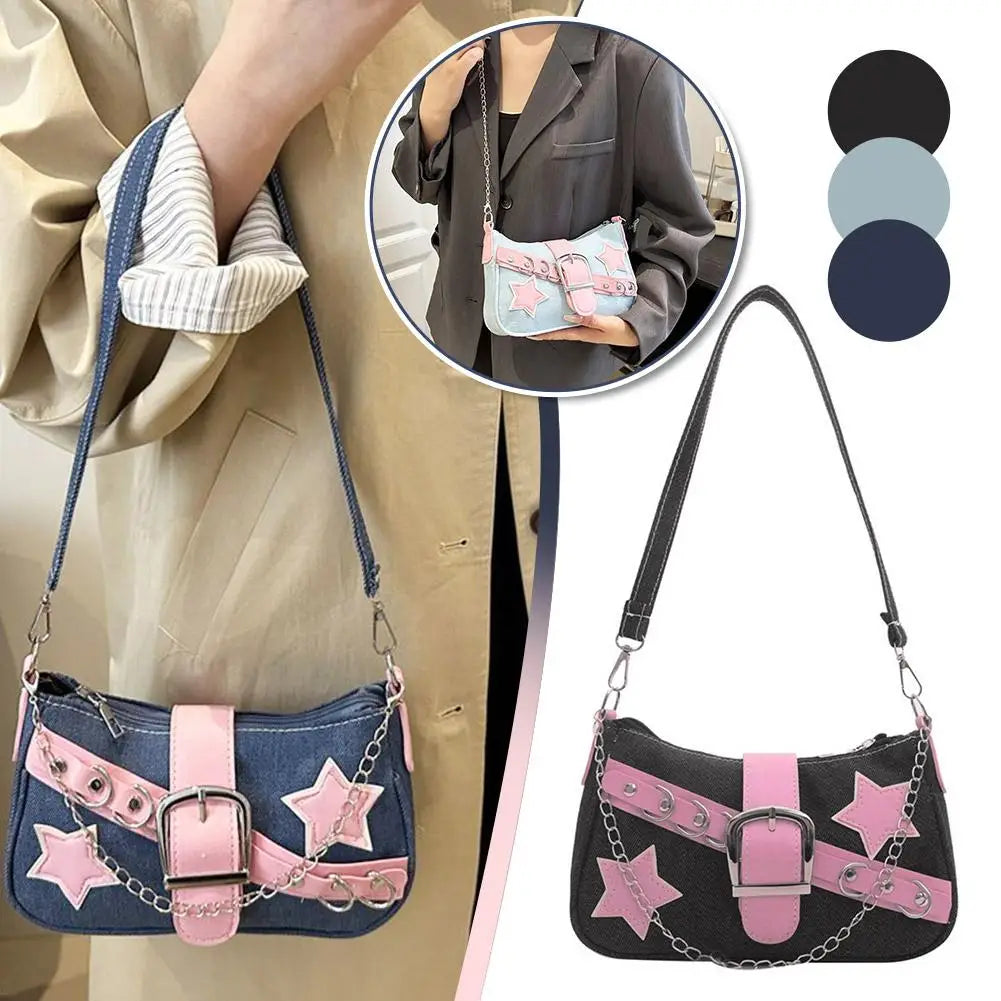 Fashion Women's Handbags Denim Stars Pattern Cool Girls Underarm Bag Female Small Shoulder Hobo Bags Chain Tote Bag Qme