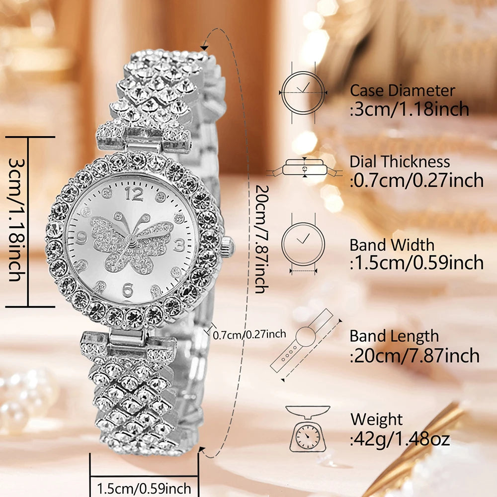 5PC Luxury Women Watch Set Fashion and Trendy With Rhinestone Butterfly Element Dial Quartz Watch Bracelet Set Perfect Gift Qme