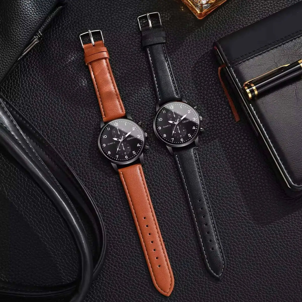 2PCS Three eye business casual trendy belt quartz watch high-end atmospheric watch large dial light luxury Qme