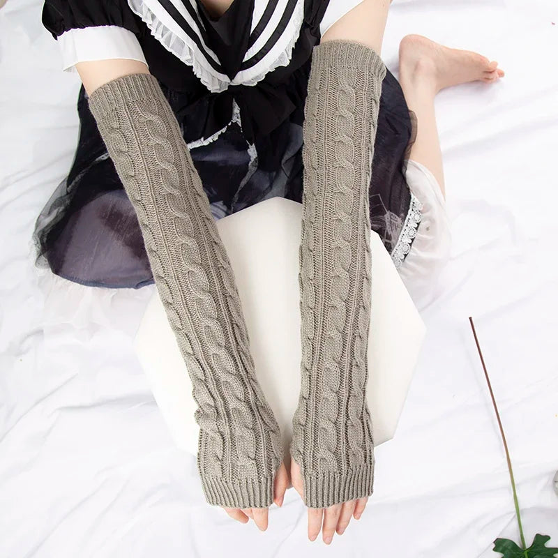 Women's Winter Mitten Knitted Arm Warmers Long Fingerless Gloves Qme GRAY Length -50cm