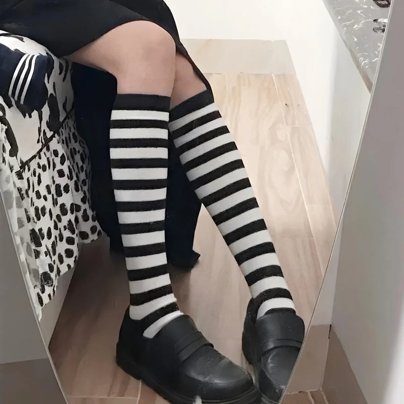 Women Black White Stripe Knee Socks Sweet Lolita Harajuku Stocking Qme
