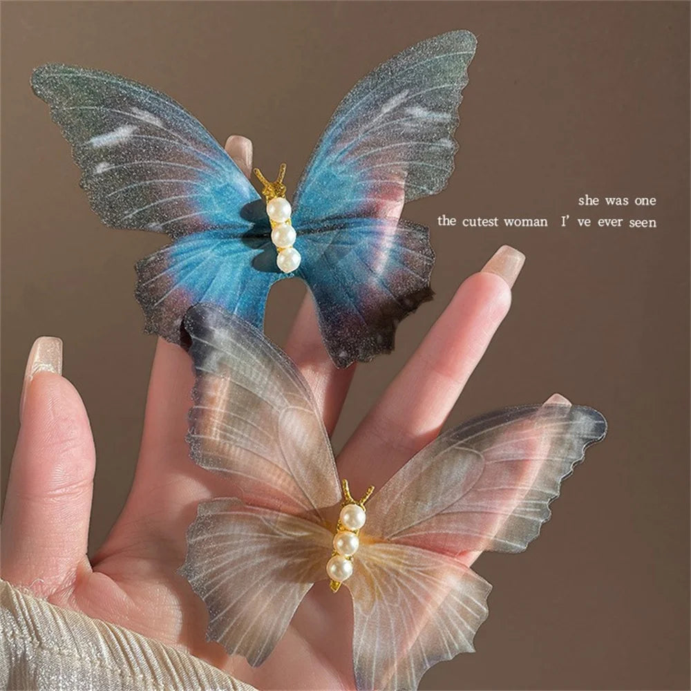 Dynamic Chiffon Butterfly Hair Clip Fairy Pearl Ancient Style Temperament Female Hair Accessories Gift Wholesale Qme