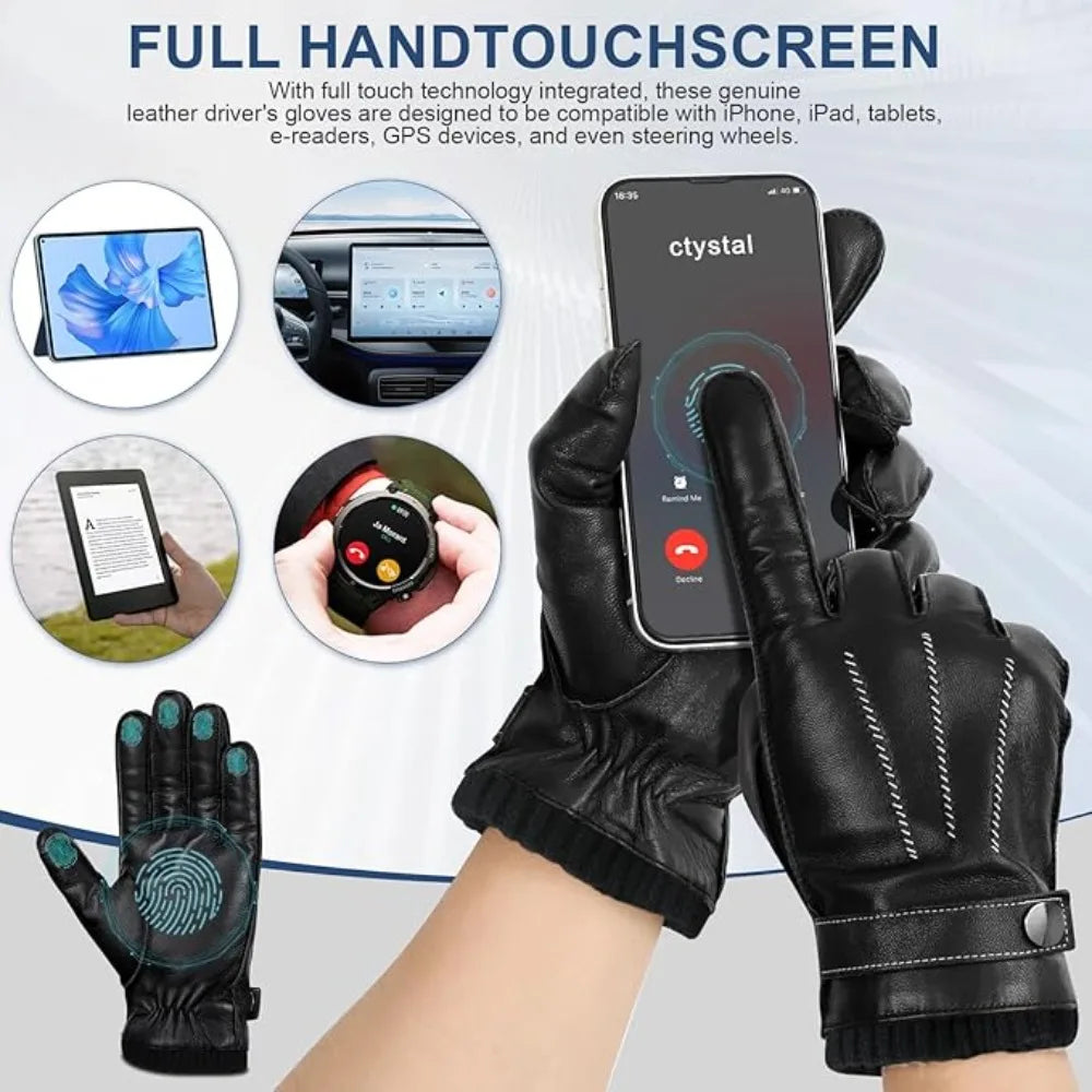 Men Winter PU Leather Gloves Touchscreen Warm Waterproof Gloves For Driving Cycling Qme