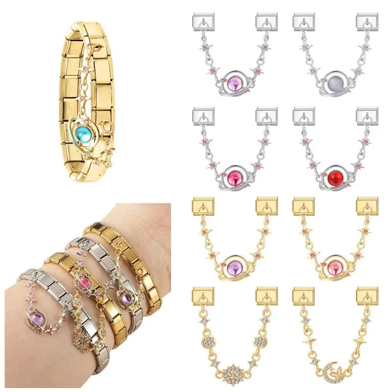 Y2K Gold Color Round Planet Pendant Tassel Chain Charm Italian Links Fit 9mm Stainless Steel Module Bracelet DIY Making Jewelrys Qme