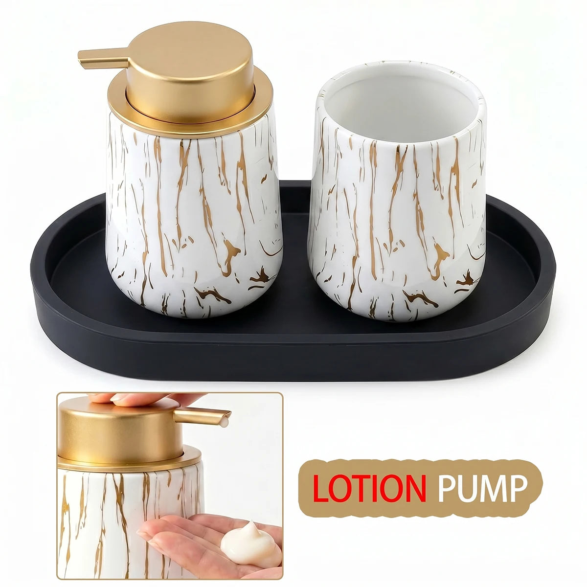 3pcs/set Marble Bathroom Set with Silicone Tray Foaming Hand Dispenser Toothbrush Holder Set Vanity Organizer for Bathroom Kitch Qme A-liquid set