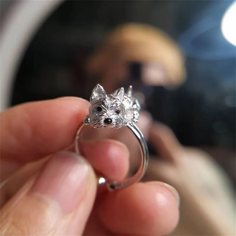 New Cute Personalized Dog Open Ring Female Silver Unique Realistic Animal Ring Jewelry Qme