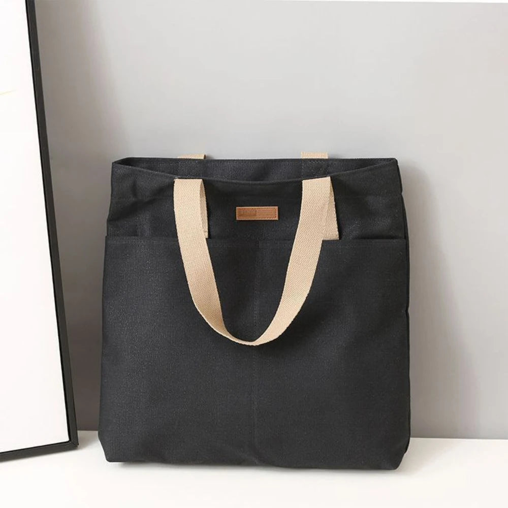 Women's Tote Bag Canvas Sewing Thread Large Capacity Advanced Sense Qme black