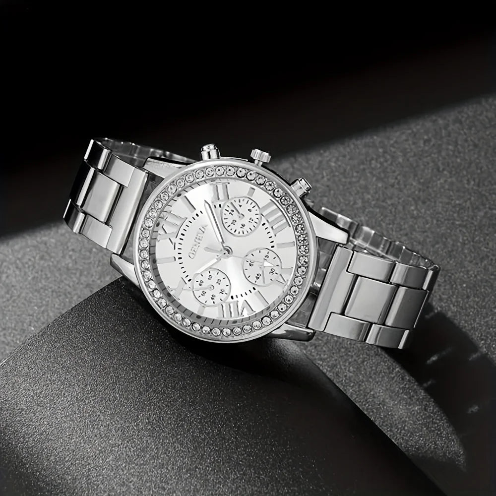 1pc Rhinestone Decor Quartz Watch Casual Roman Numeral Analog Wristwatch & 5pcs Jewelry Set, Gift For Mom/Girlfriend Qme