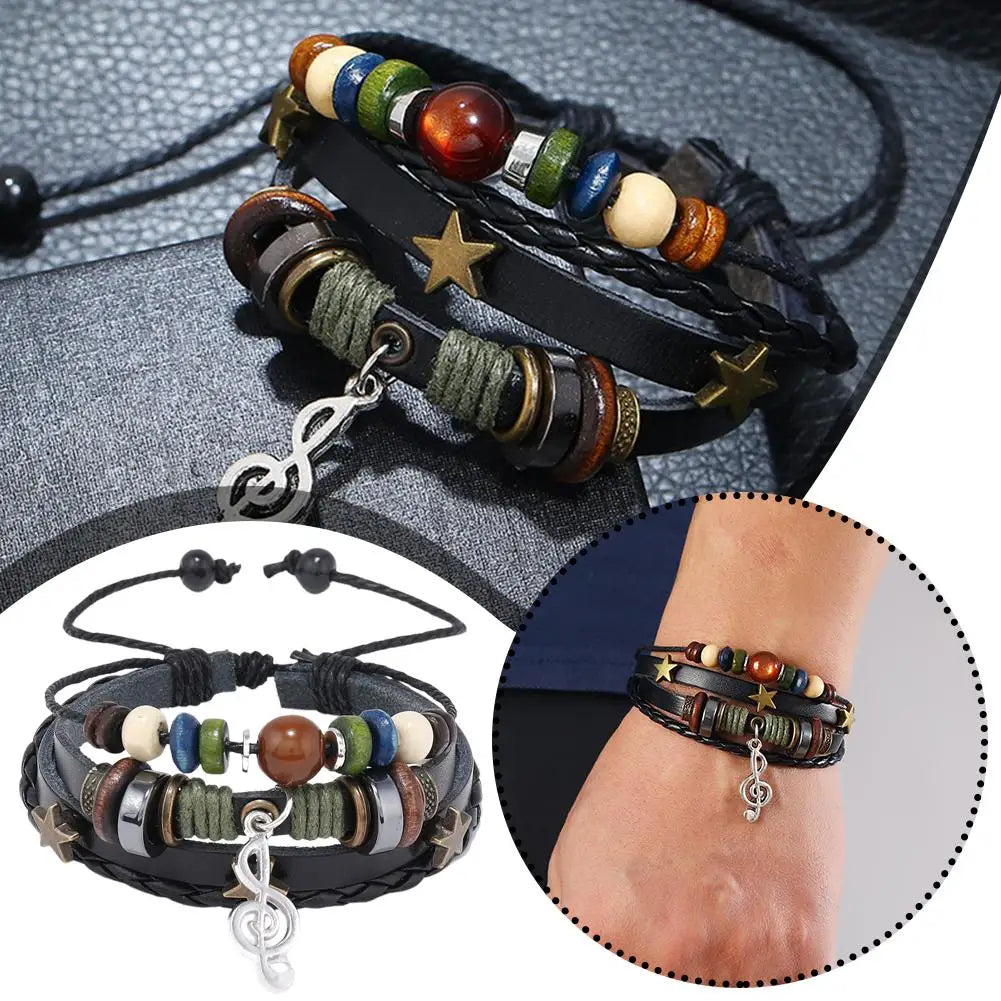 Handmade Hippie Design Brown Leather Bracelet Women Metal Star Note Charms Wood Button Beads Wrap Unisex Adjustable Bracelet Qme