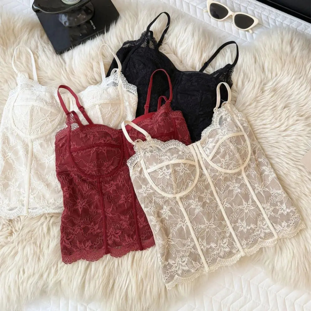 Fashion Mesh Flower Slim Lace Crop Bottoming Shirt Summer Girl's Vest Qme