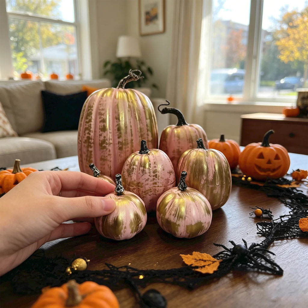 7PCS Multi-size Artificial Pumpkin Set for Halloween Decorations Rustic Fall Thanksgiving Centerpiece Table Ornaments Qme