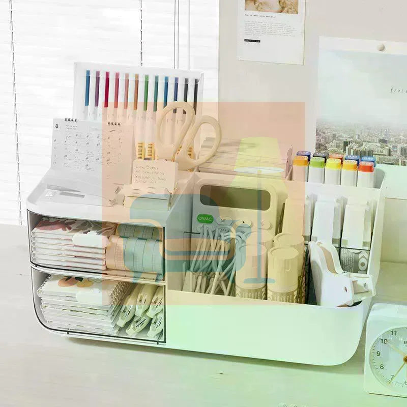 Large Capacity Multifunctional Desk Organizer With 2 Transparent Drawers, Desktop Office Supplies Storage Pen Holder For School Qme