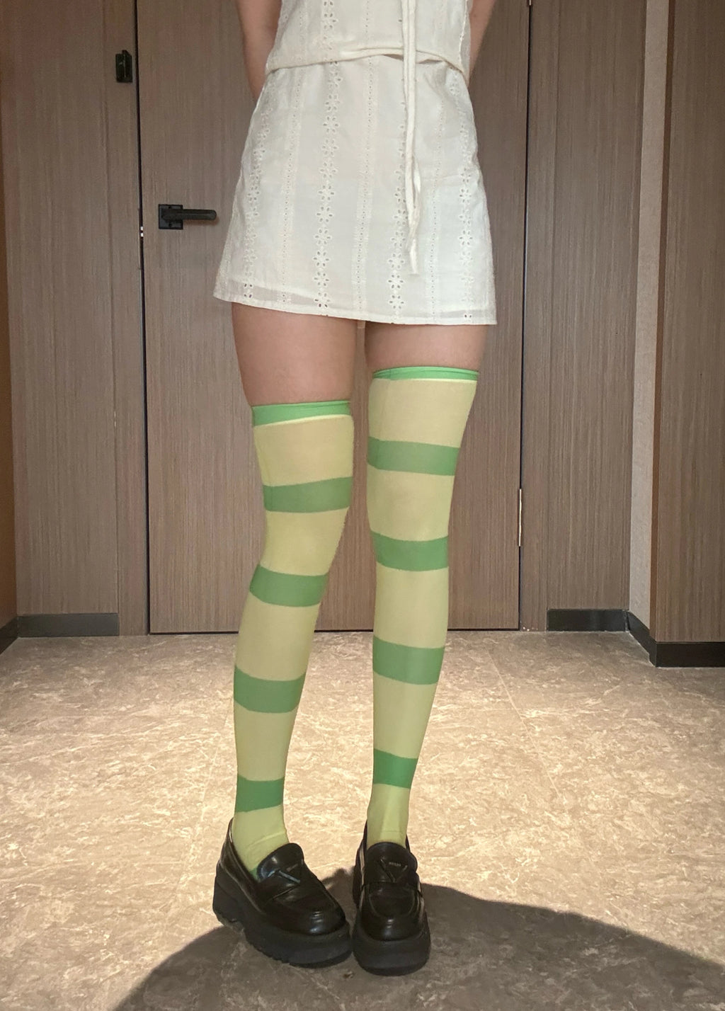 Anime Green White Horizontal Striped Over-the-knee Stockings Fashion Qme