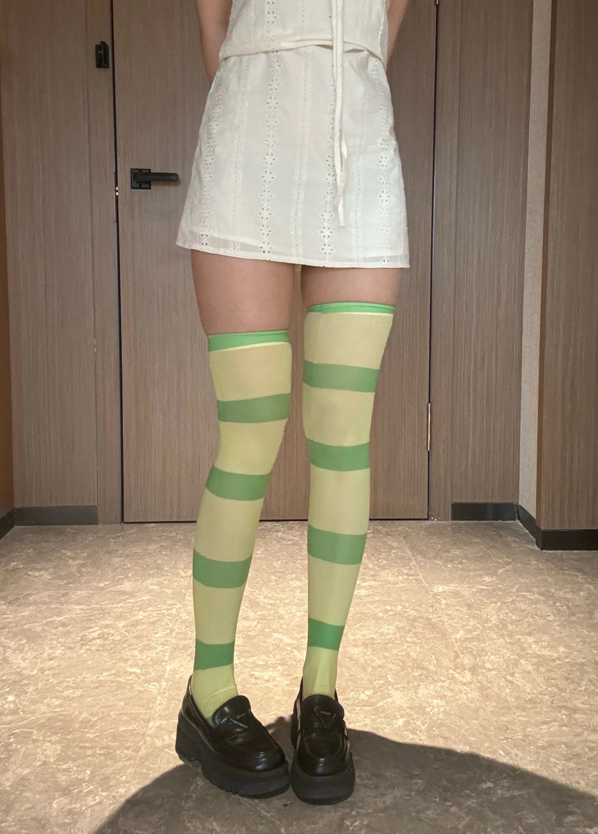 Anime Green White Horizontal Striped Over-the-knee Stockings Fashion Qme