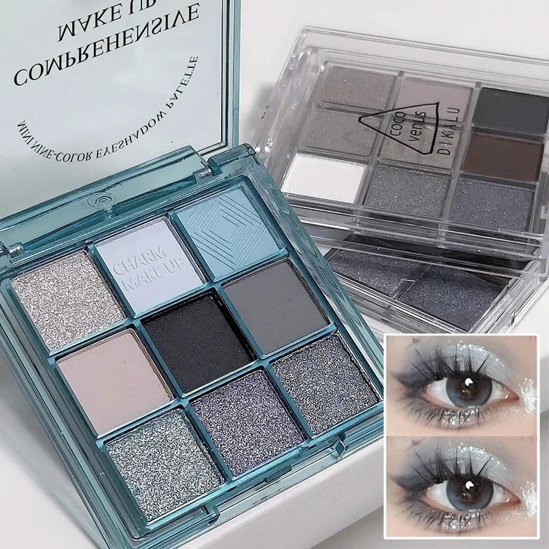 Punk Blue Eyeshadow Palette 9 Colors Matte Smoky Black Eye Shadow Shimmer Palette Glitter Nude Cosmetics Pearlescent Eye Makeup Qme