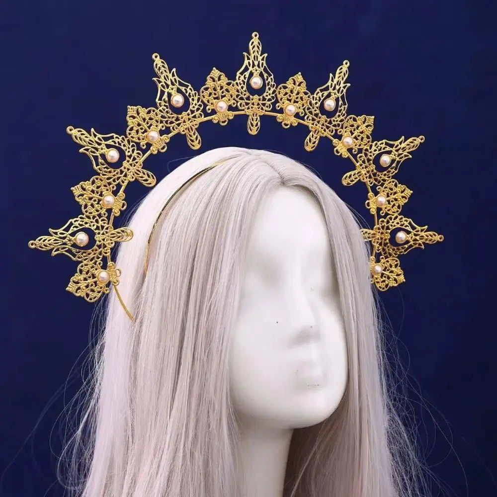 Gothic Gold Plated Halo Crown Vintage Faux Pearl Inlaid Sun Goddess Qme