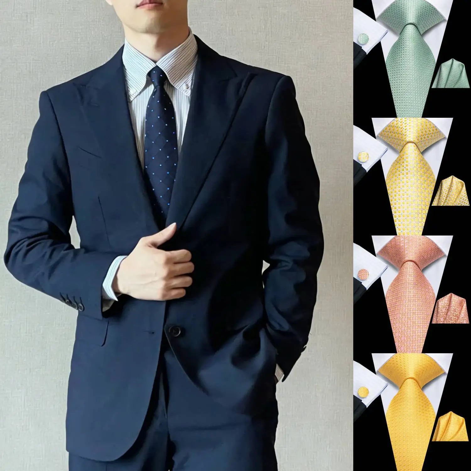 Professional Mens 3-Piece Suit Set: Necktie, Pocket Square & Cufflinks, Classic Design for Wedding Qme