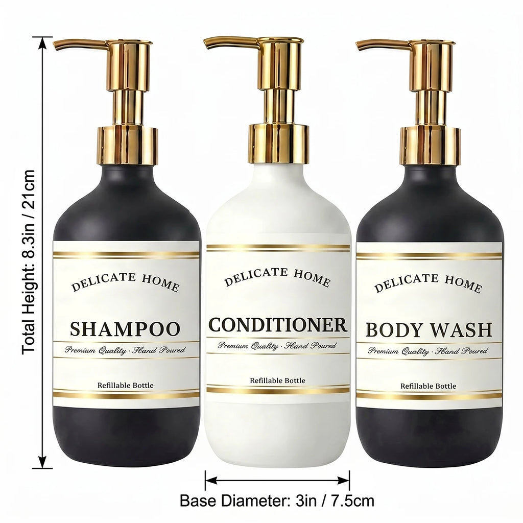 Delicate Home Refillable Shampoo Conditioner Body Wash Bottles Set of 3 Matte Black & White Plastic Pump Bottles Luxury Bathroom Qme