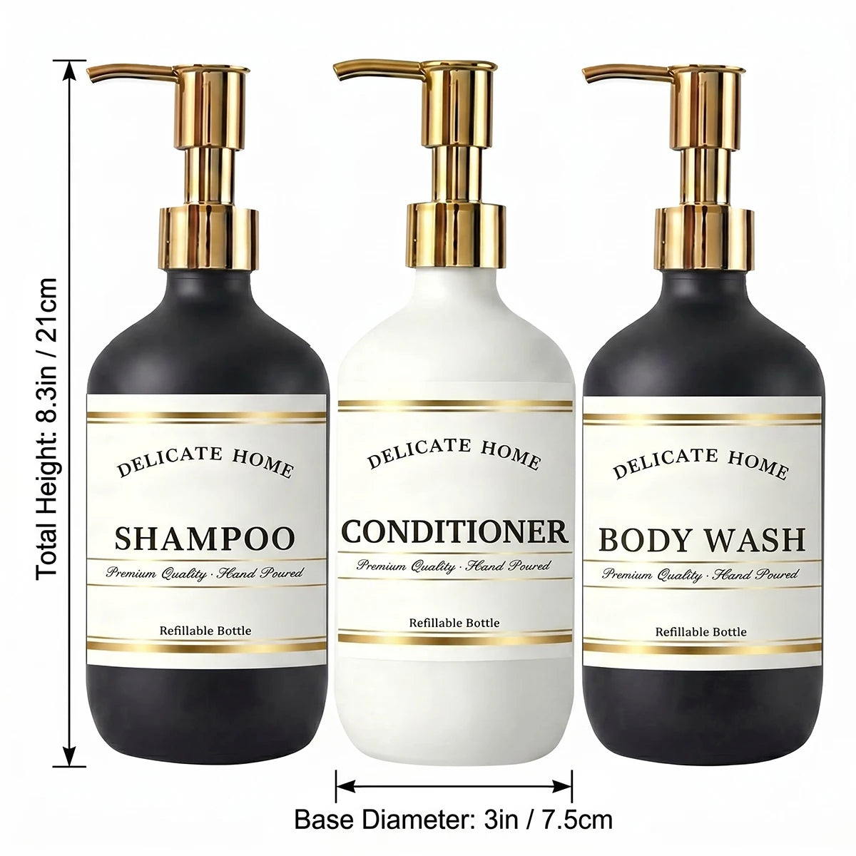 Delicate Home Refillable Shampoo Conditioner Body Wash Bottles Set of 3 Matte Black & White Plastic Pump Bottles Luxury Bathroom Qme