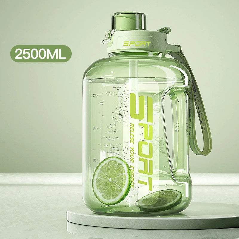 Large Capacity2500 Water Bottle Straw Lid Sports Gym Kettle Camping Qme 2500ML Green