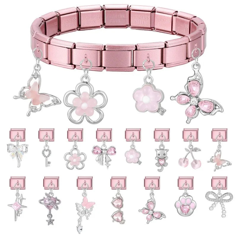 Wholesale Butterfly Bow Stars Love Heart Key Planet Shiny CZ Flower Italian Charms Fit 9mm Stainless Steel Bracelets Jewelrys Qme