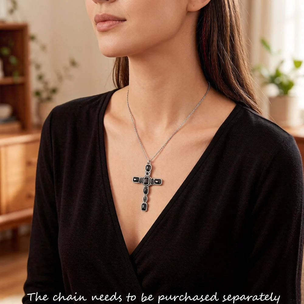 Cross Black Stone Pendant,Brand New 925 Sterling Silver Vintage Jewelry Accessories Graceful Faith Gift For Woman Qme