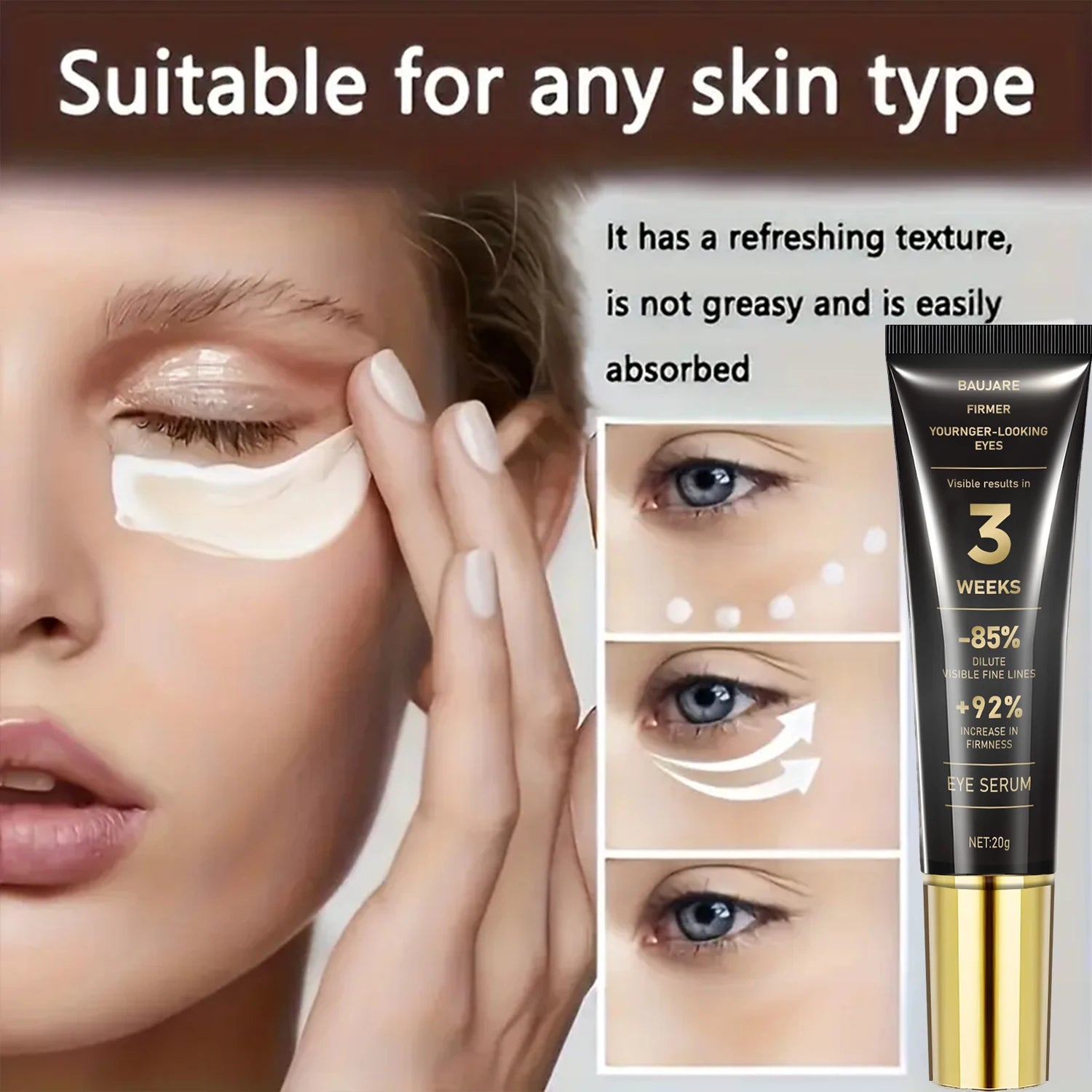 Retinol & Caffeine Eye Serum - Lifts, Brightens & Smooths with Hyaluronic Acid, Collagen & Bee Venom for Elastic, Youthful Eyes Qme