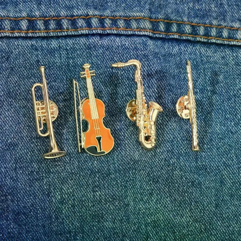 1Pcs Symphony Orchestra Badge Funny Musical Instruments Enamel Brooches Trumpet Clarinet Saxophone Violin Shaped Golden Pins Qme