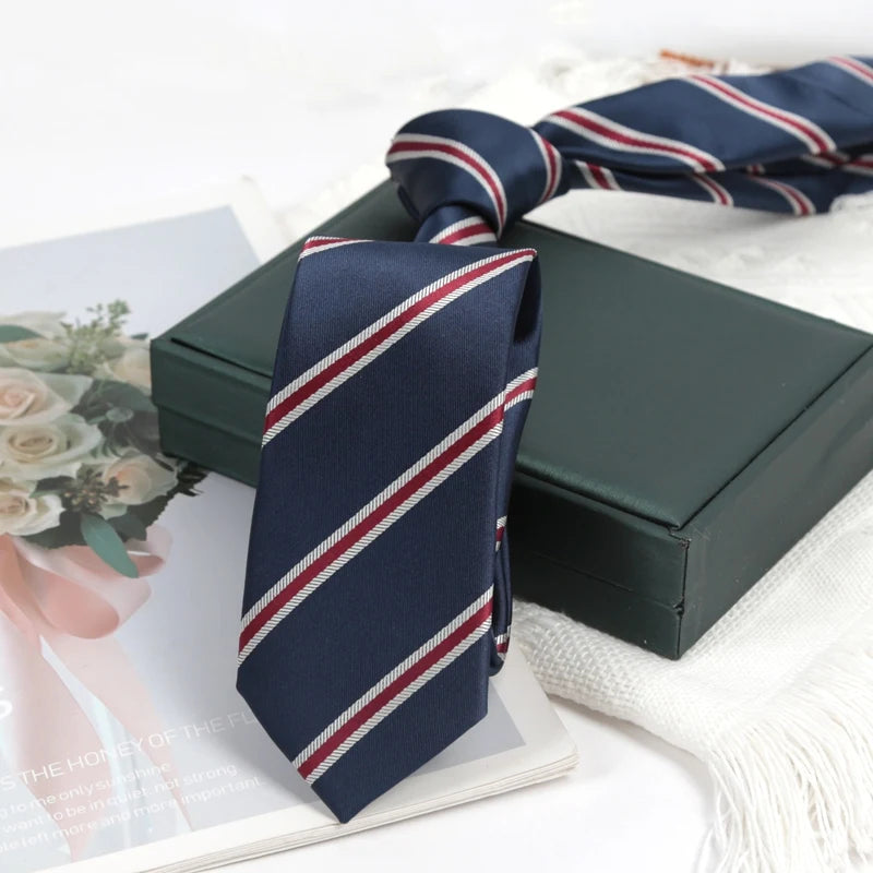 Mens Navy Blue Stripes Ties Luxury 6cm Skinny Necktie for Man Groom Jacquard Woven Neck Tie for Business Wedding Party Qme