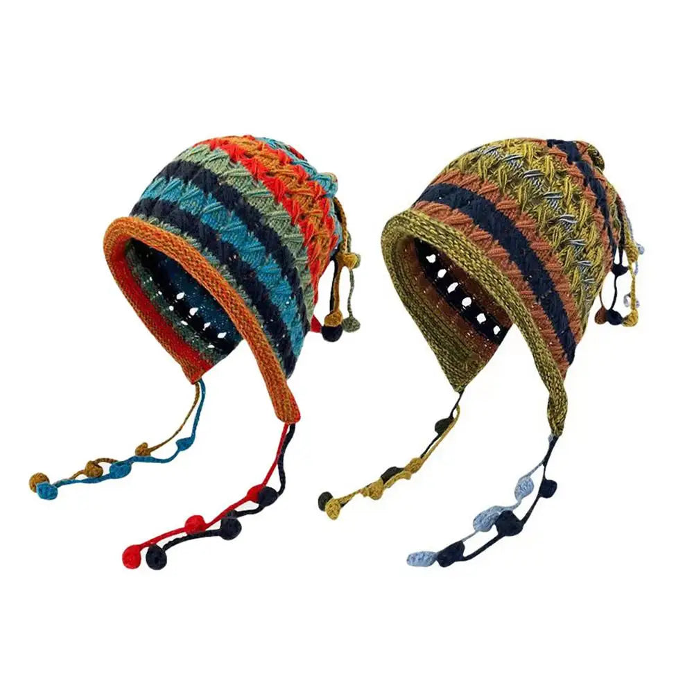 NEW Colorful Rainbow Striped Knit Wool Beanie Hat For Women Winter Warm Crochet Ear Protection Cap Female Snow Windproof Bonnet Qme