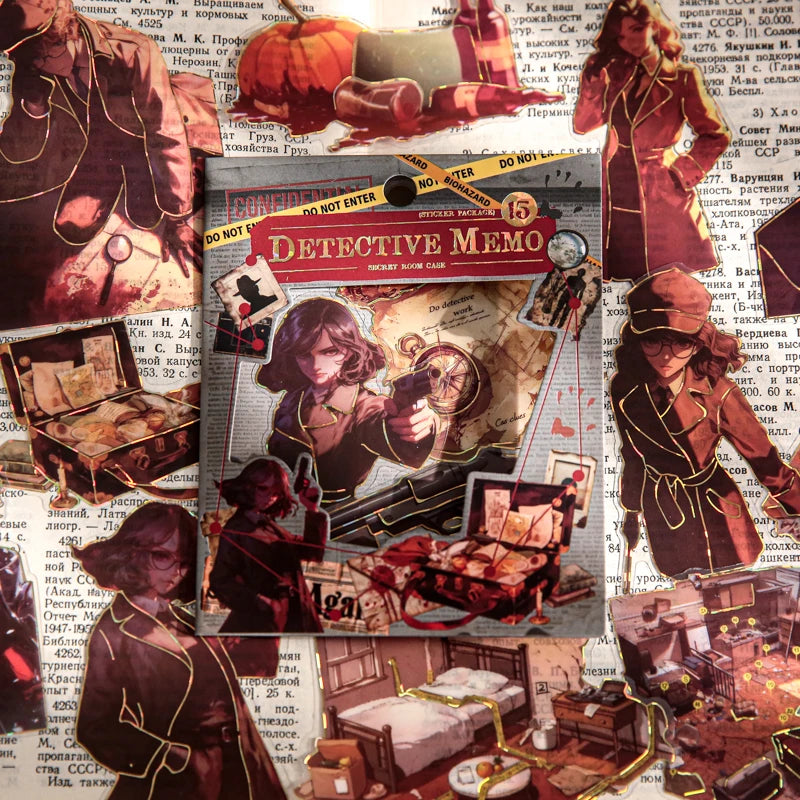 15 Sheets Detective Theme Large PET Sticker Pack for Scrapbook DIY Photo Frame Collage Journal Decoration Qme