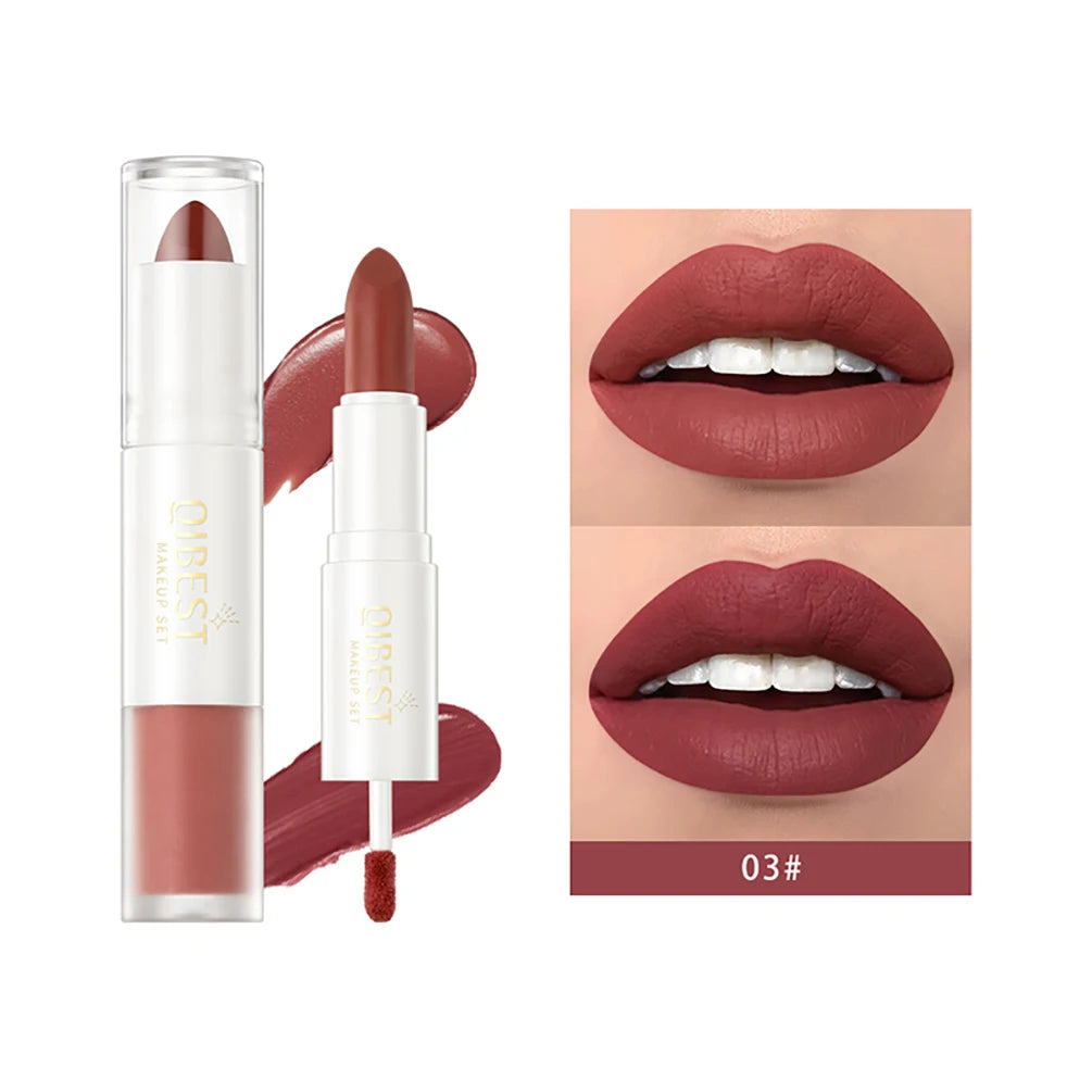 QIBEST 2 in 1 Long-lasting Matte Lipstick Sexy Red Lipstic Velvet Lipgloss Women Waterproof Nude Lip Tint Girl Fashion Makeup Qme 03