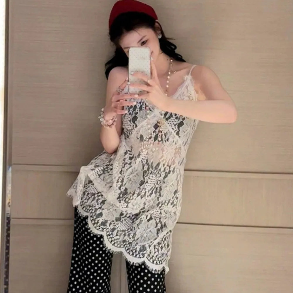 Elegant Beach Wear Lace Camisole Skirt Sweet Loose Lace-edged Summer Qme