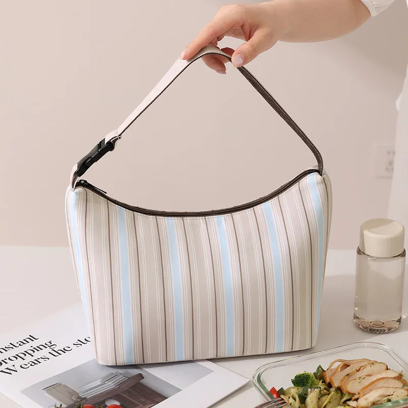 A Handheld Crossbody Striped Cooler Lunch Box Bag Lightweight Waterproof Reusable Bento Bag Outdoor Travel Picnic Food Carrier Qme