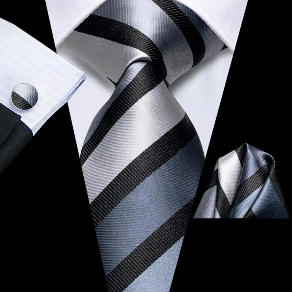 Hi-Tie Striped Navy Blue Mens Fashion Necktie Handkerchief Cufflinks for Tuxedo Accessory Classic Silk Luxury Tie for Man Gift Qme SN-3763