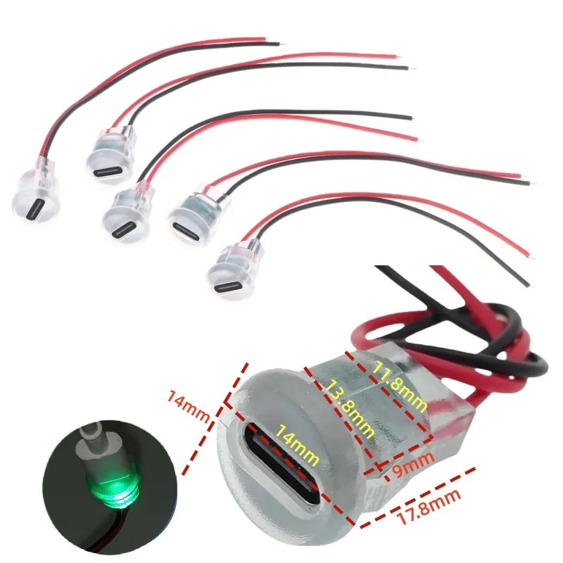 5/10Pcs Waterproof USB-C Power Port Female Connectors Transparent 2Pin USB Type-C With LED Lights Input Type Charging Socket Qme A 5pcs