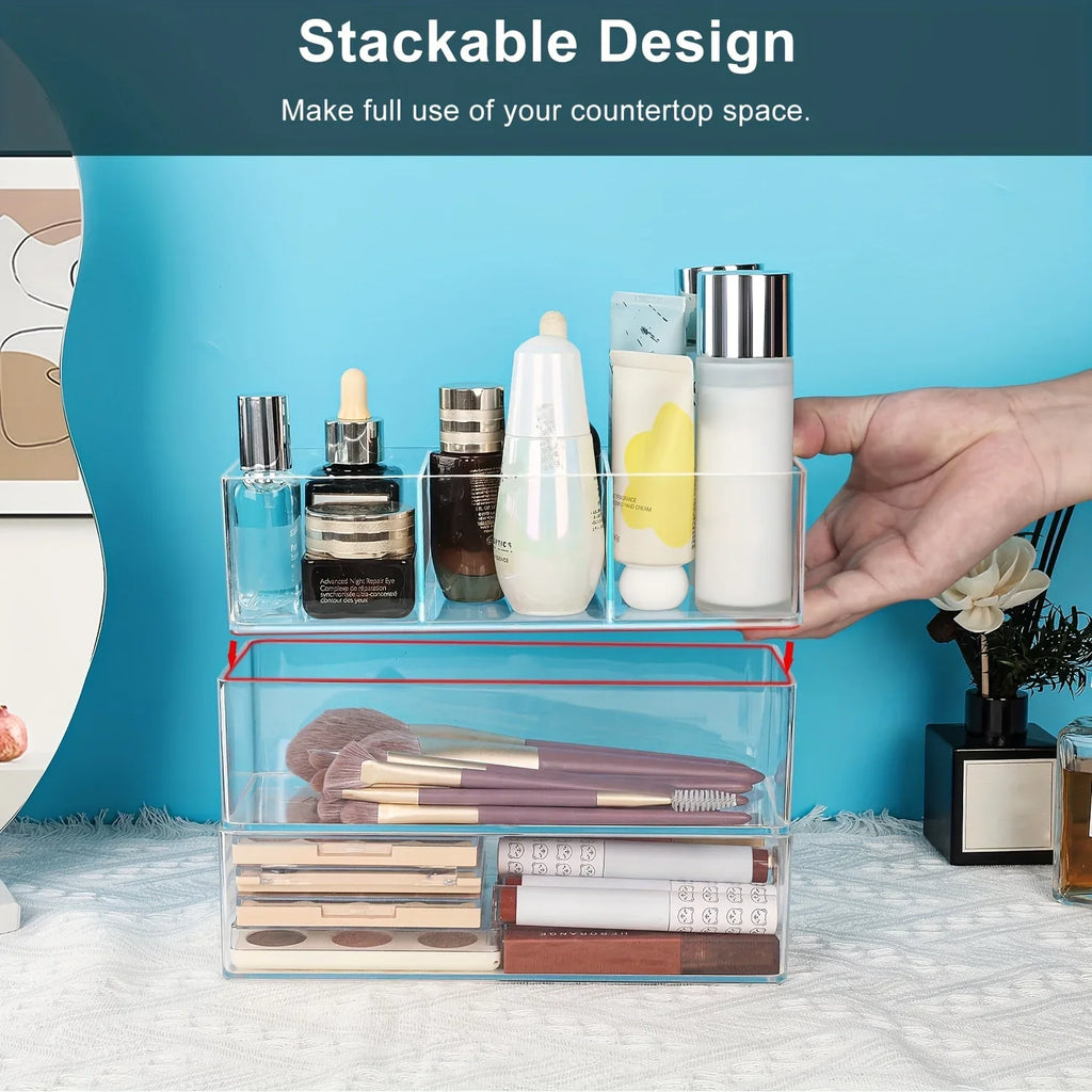 Three-compartment makeup storage box - Stackable makeup storage drawers, suitable for dressing tables, bathrooms and kitchen Qme