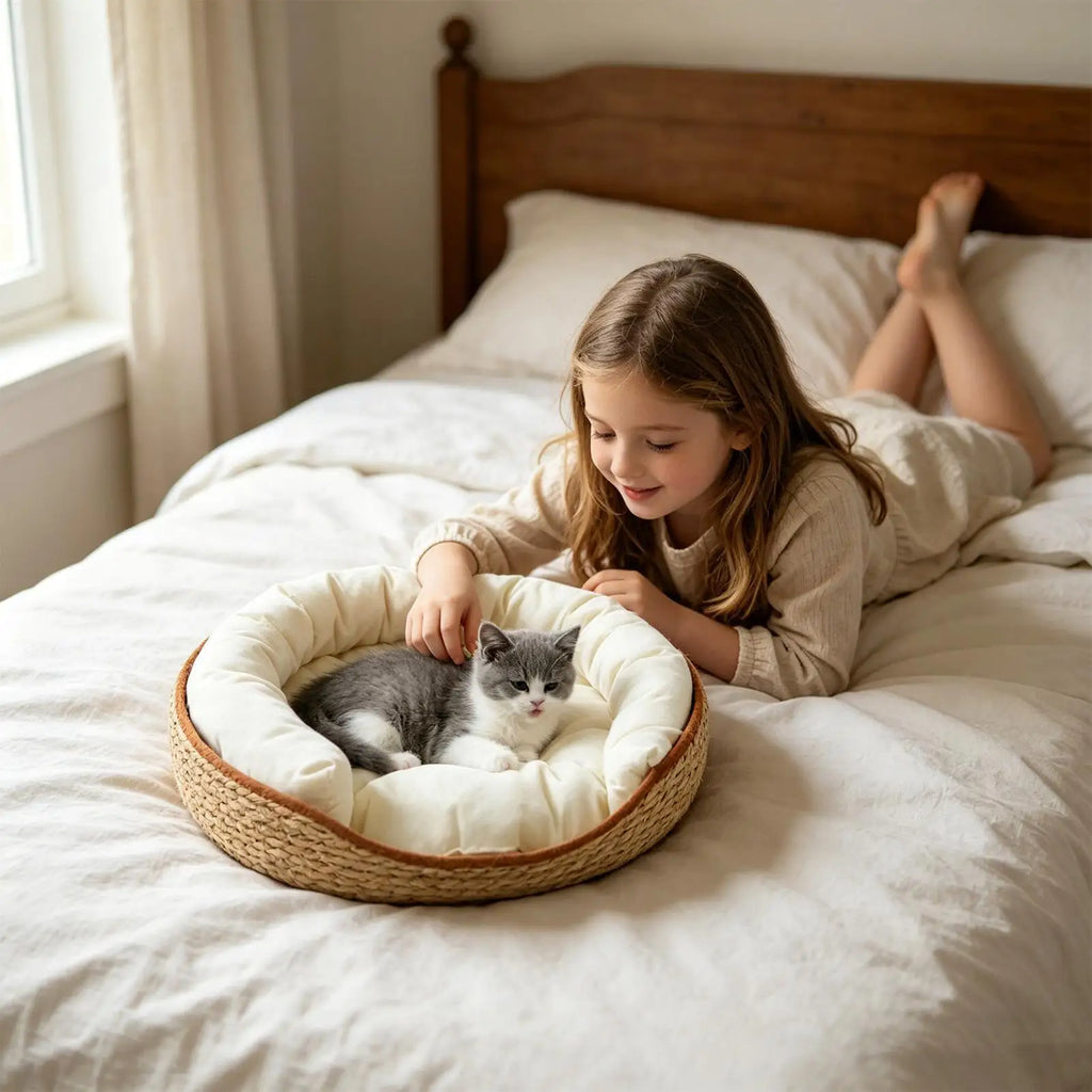 Cat Basket Bed Aesthetic Woven Cotton Rope Pad Nest Sofa Living Room Qme