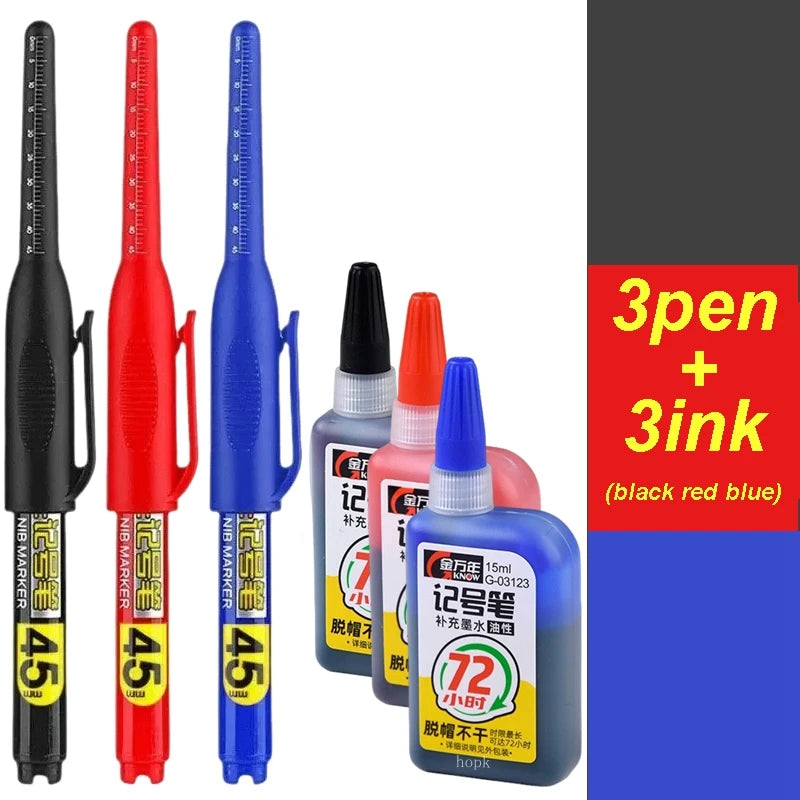 45mm Waterproof Long Head Nib Deep Hole Markers Pen Tile Carpenter Pen Multi-purpose for Woodworking Black/White/Red Ink Qme 3 pens 3 inks mix-B